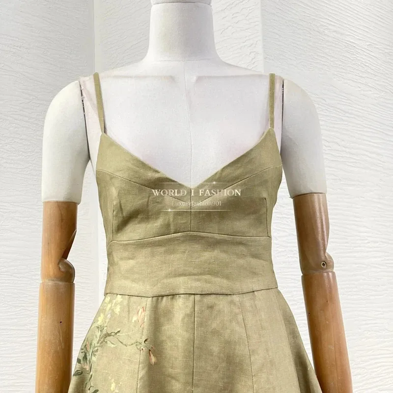 Abito longuette da donna per spaghetti da vacanza in lino senza maniche con stampa floreale verde oliva stile spiaggia