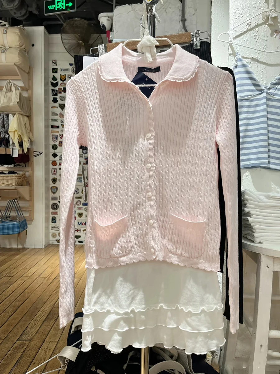 

Pockets Twisted Flower Pink Knit Cardigan Women Autumn Peter Pant Collar Single Breasted Tops Sweet Solid New Slim Knitwear Coat