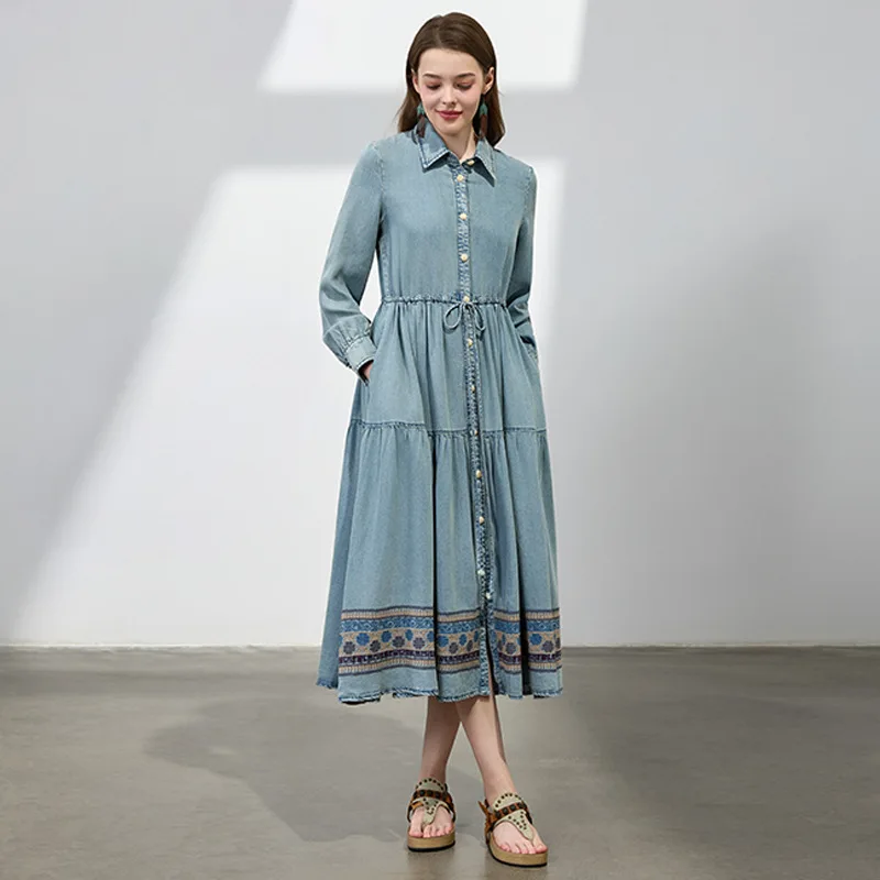 Ladies Elegant A-line Shirt Dress New Arrival 2025 Spring Vintage Style  Embroidery Single Breasted Women Casual Dresses M1348