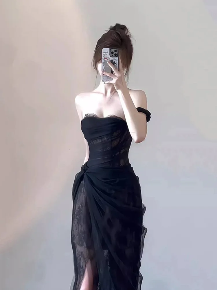 

B-031 skirt high-end party dress high-end light luxury niche temperament black mesh strapless dress