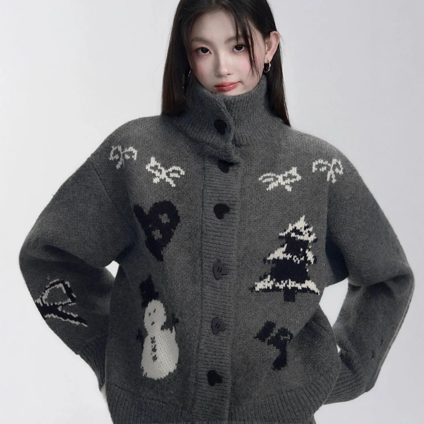 

Women Knitted Cardigan Sweaters Jacquard Jumper Half High Collar Long Sleeve Single Breasted Loose Fit Casual 2025 Autumn Winter