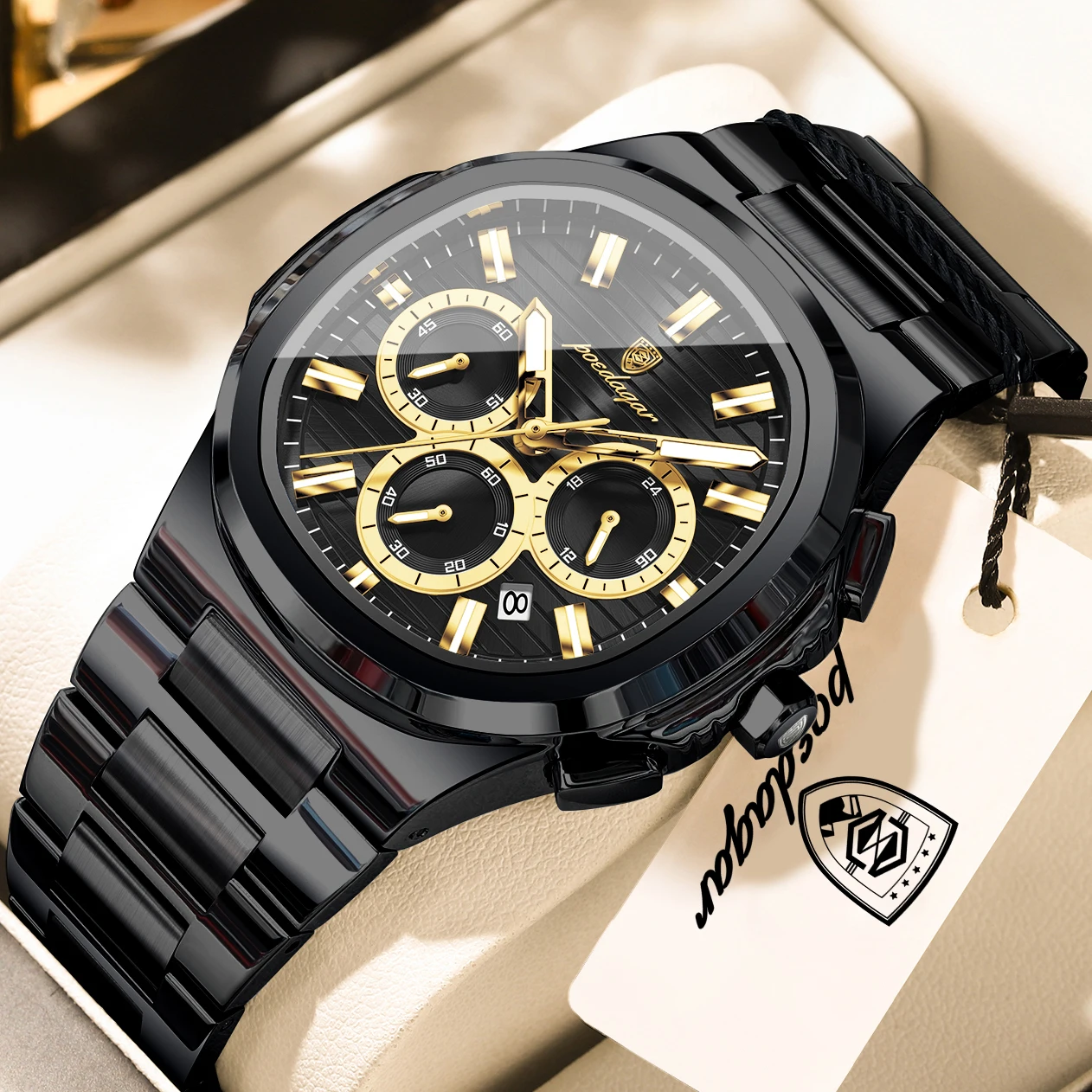 POEDAGAR High Quality New Man Clock Waterproof Stainless Steel Luminous Men Watch Date Chronograph Quartz Business Men's Watches
