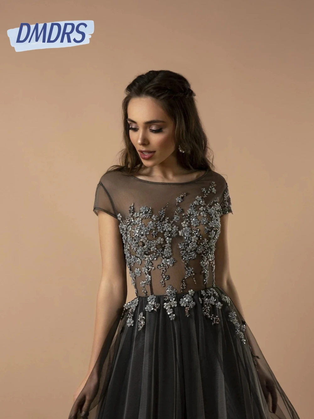 

DMDRS Vintage A Line Appliques Evening Dress Graceful Gothic Short Sleeves Prom Gown Customized Formal Galas Wedding Party Wear