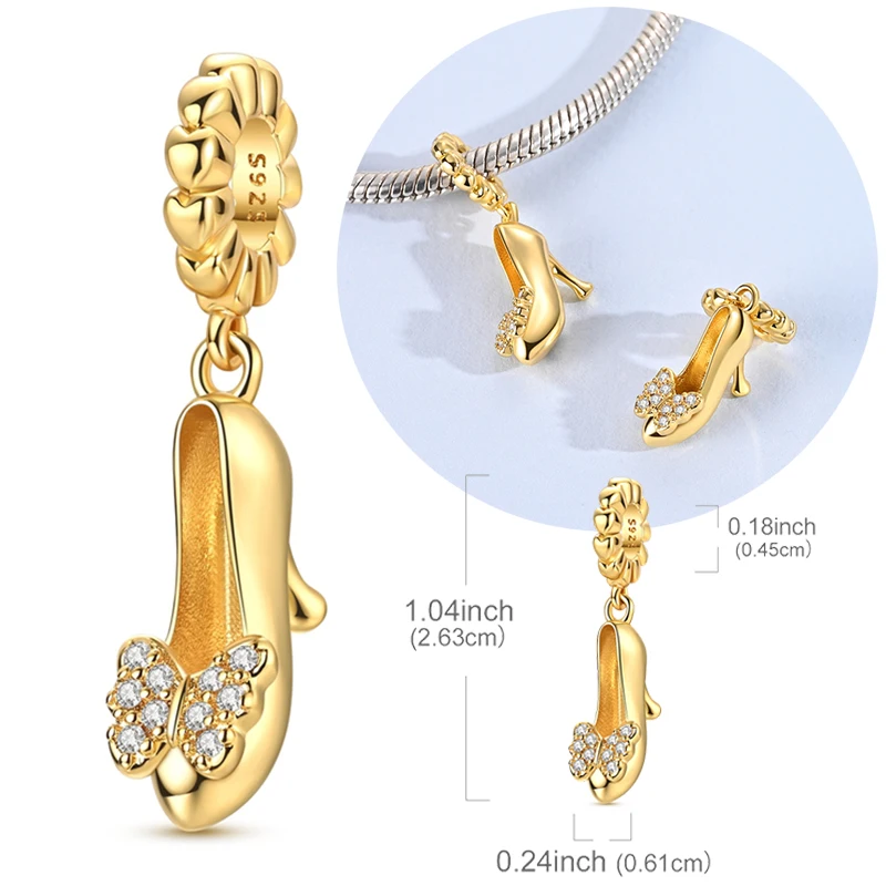 

Оригинальный шарм из стерлингового серебра 925, золотая подвеска на высоком каблуке-бабочке, подходит для оригинальных браслетов, ожерелье для женщин, подарок «сделай сам»