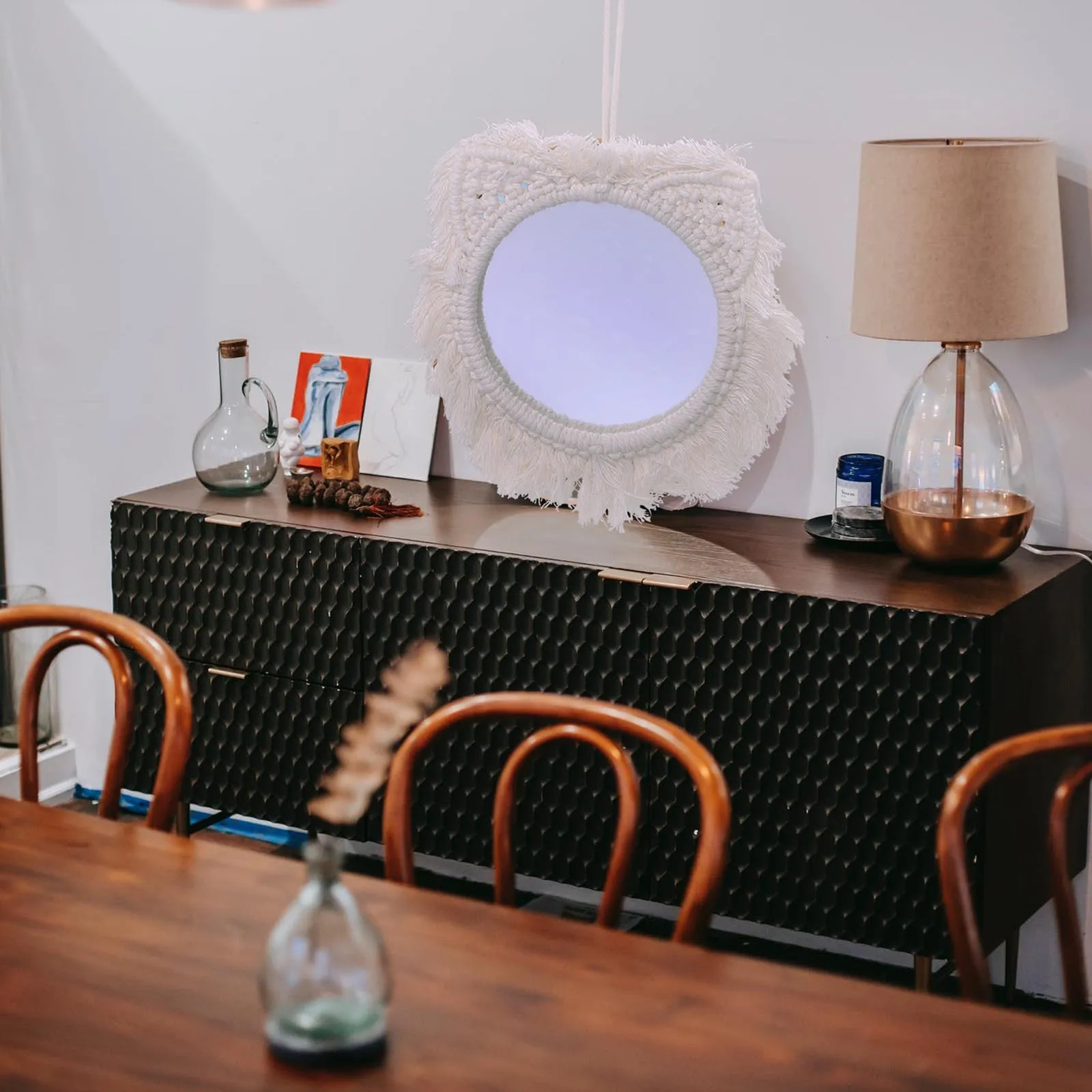 1 قطعة مرآة معلقة على الحائط المنسوجة ديكور مكرامية نسيج الشمال نمط مرآة غرفة نوم المنزل غرفة المعيشة جدار ديكور