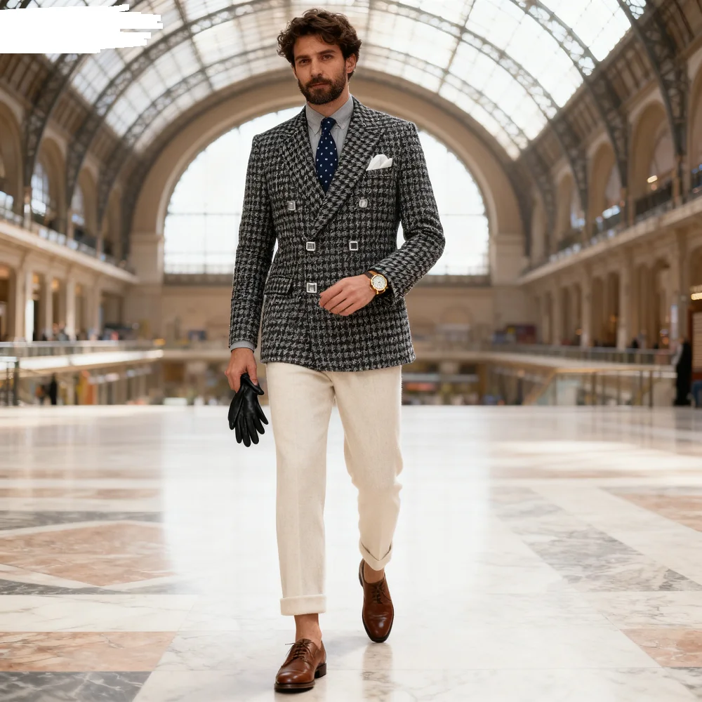 

Мужской клетчатый пиджак с двумя пуговицами, цельный деловой костюм, куртка с лацканами и узором «гусиные лапки», модная верхняя одежда