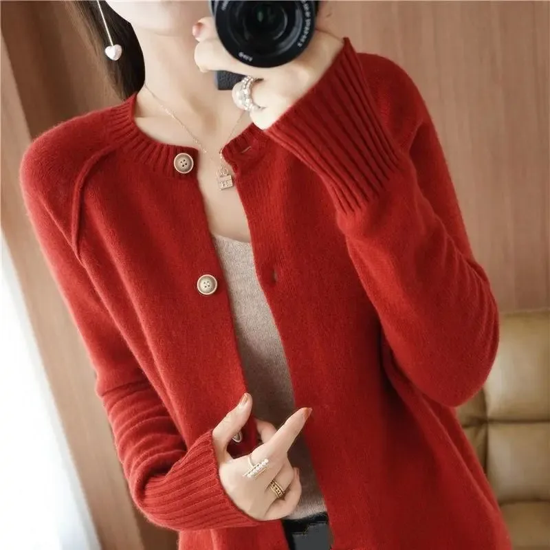 Solid Color Women's Knitted Cardigans 2023 Autumn New O-Neck Simple Knitwear Female Single Breasted Wild Sweater Coat Feminino