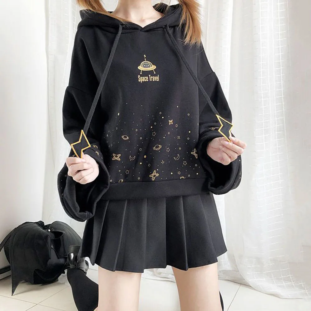 Winter Women Cartoon Embroidery Fleece Hoodies Sweatshirts Casual Flare Sleeve Hoodies Top Female Casual Warm Hooded Pullover