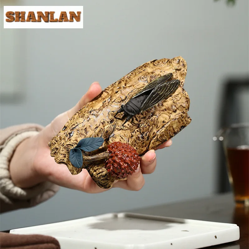 Exquisite Stump Cicada Tea Pet Sculpture Ornament Handmade Yixing Purple Clay Litchi Tea Play Figurine Desktop Crafts Statue