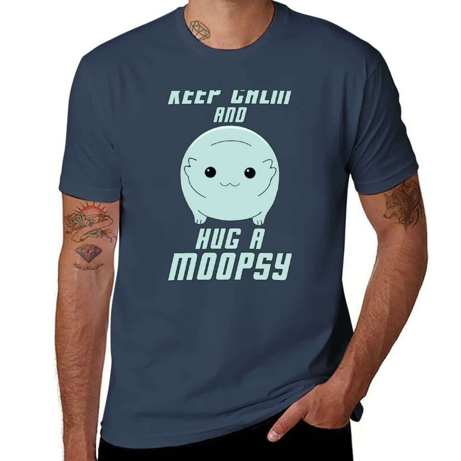 

Keep Calm and Hug a Moopsy (Light Text) T-Shirt Lightweight Cooling Short Sleeve Tee