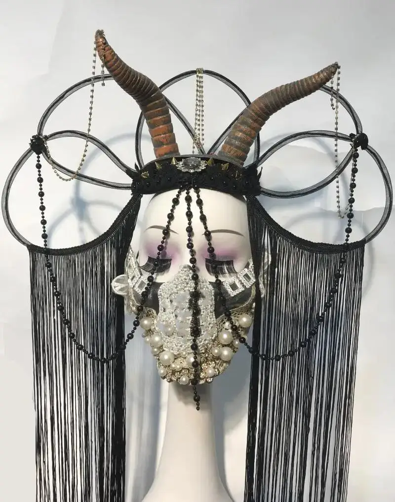 

Punk Horn Tassel Exaggerated Headwear Dj Catwalk Performance Armor Cap Pirate Hat Demon Modeling