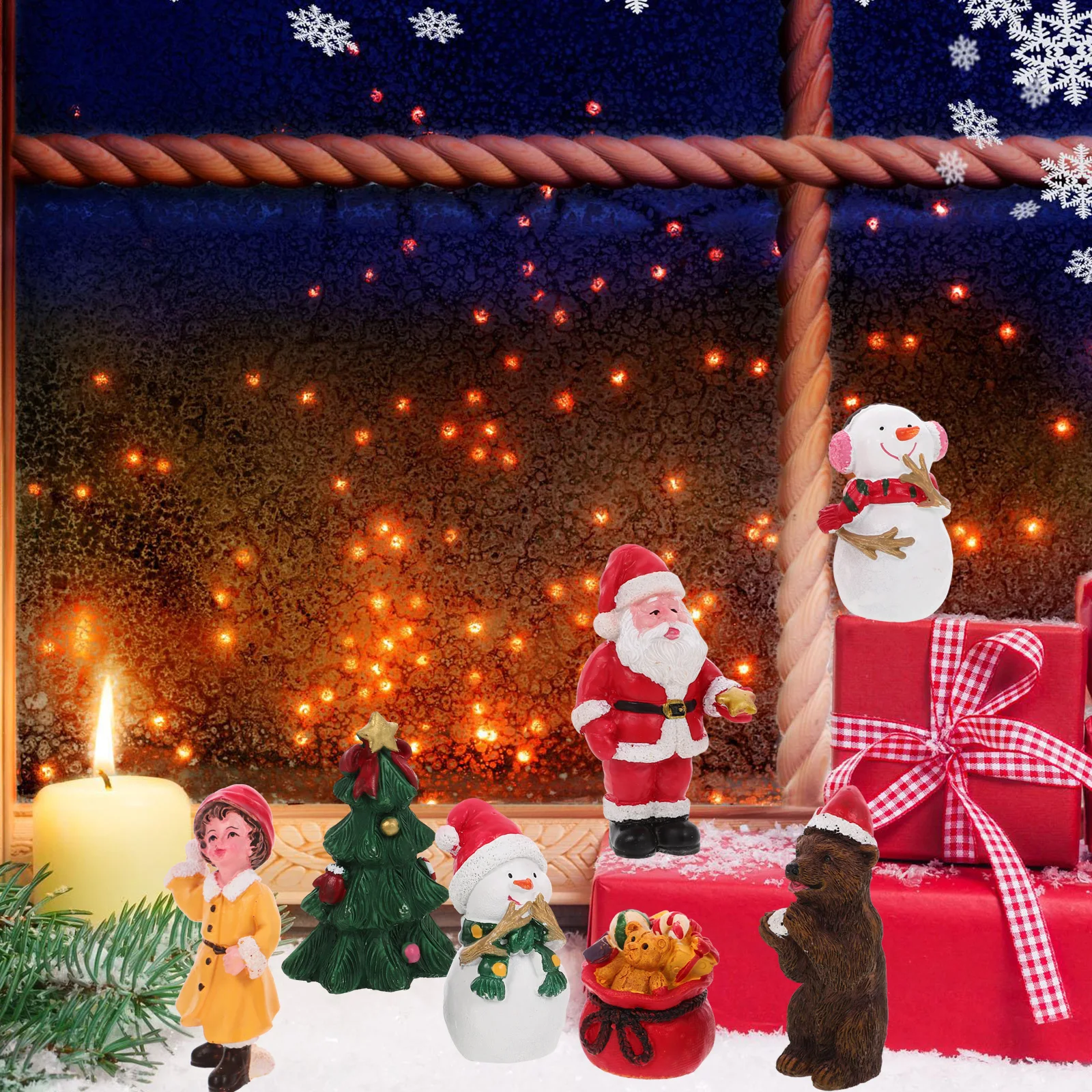 

7 Pieces Christmas Decorations Resin Santa Claus Figurines Snowman naments Xmas Tree House Desktop Gifts Miniatures