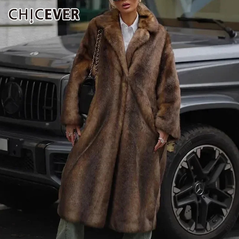 

CHICEVER Elegant Spliced Pockets Fur Coats For Women Lapel Long Sleeve Patchwork Single Button Luxury Jackets Female Autumn New