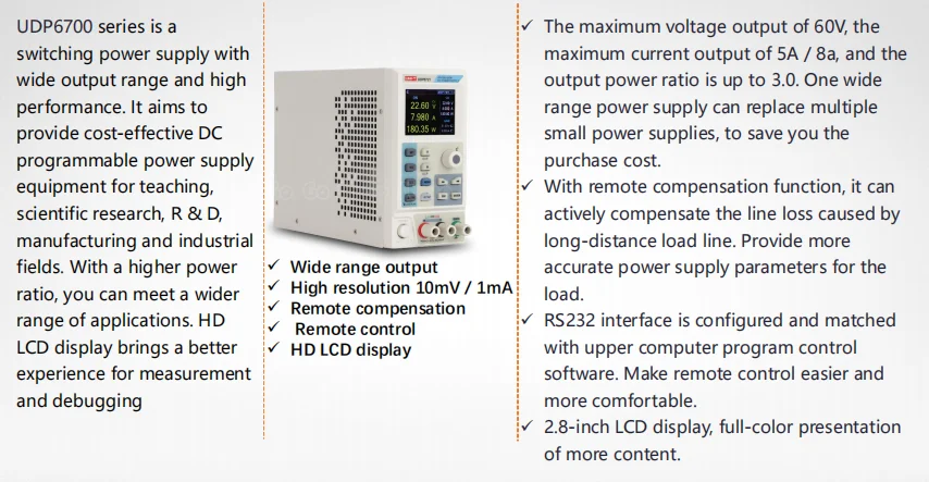 Fuente de alimentación CC conmutada programable digital de 360W 80V 15A fuente de alimentación CC variable UDP6731 con RS232