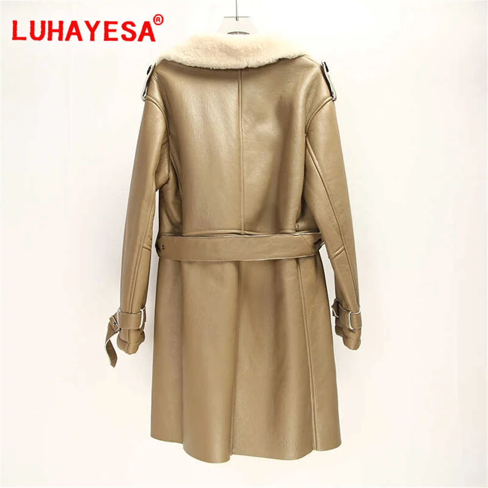 Manteau long en peau de mouton mérinos espagnol pour femme, double boutonnage, chaud, hiver, 2024