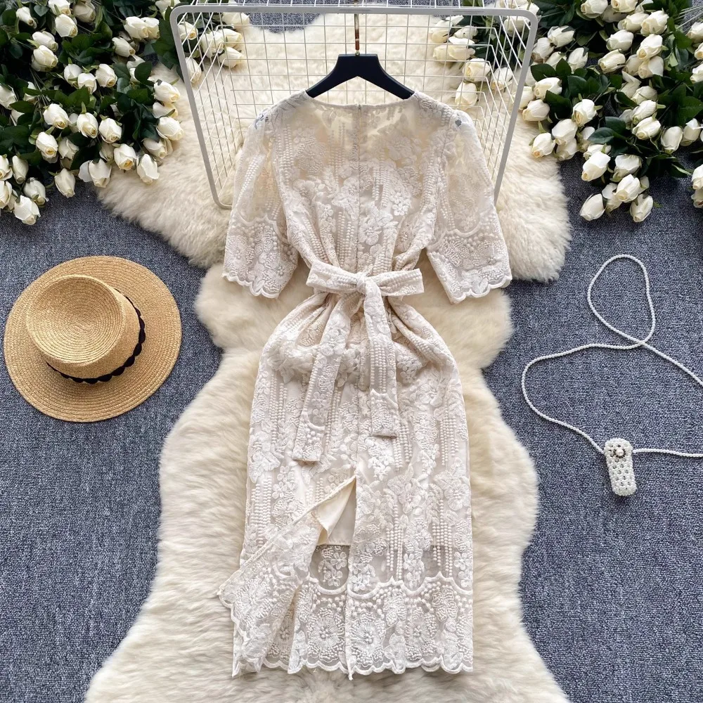 Vintage Elegant short Sleeve o-neck lace Embroidery Dress French Fashion Vestidos Basic Summer Sweet Dresses