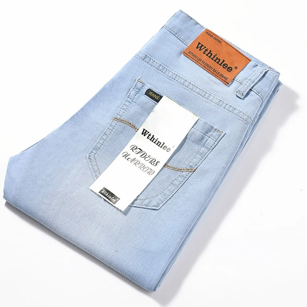 Wthinlee Spring Summer Business Jeans Men Light Blue Casual Straight Stretch Fashion Classic Work Denim Trousers Brand Clothing