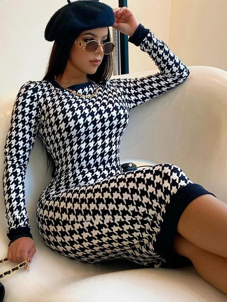 2024 New Houndstooth Print Women Long Sleeve Midi Dress Hollow Out Bodycon Sexy Streetwear  Autumn Winter Club Elegant Slim