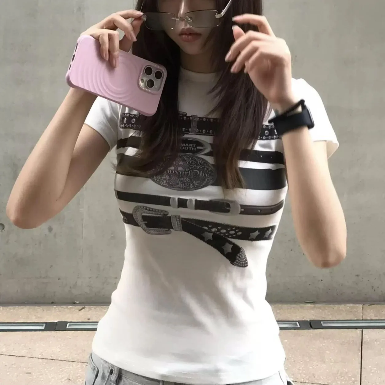 Chic 2026 Summer New Y2K Millennial Retro Punk Belt Print Short Sleeve T-Shirt Women Slim Fit Hot Girl Top Streetwear Fashion