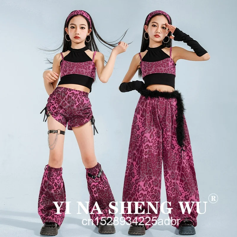 K-pop 걸스 레오파드 크롭 탑 스트리트 댄스 카고 바지 키즈 재즈 힙합 반바지 의류 세트 아동 streetwear 우아한 의상