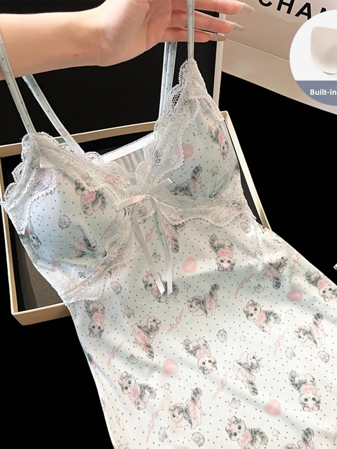 Ice Silk Strapless Nightgown Women's Summer Sexy Lace Trim Polka Dot  Print Sleepwear Home Clothes with Chest Pad