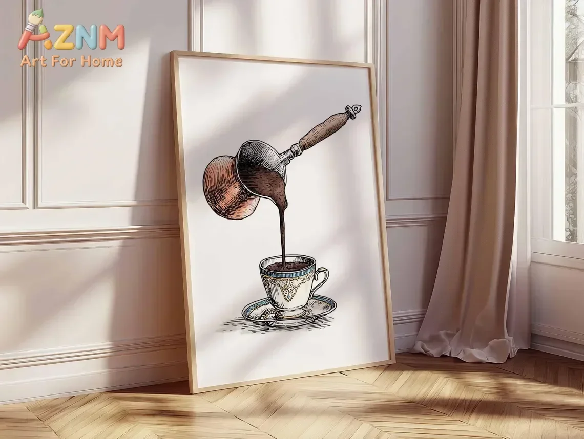 AZNM Hand Drawn Turkish Coffee Pot Pouring Coffee Canvas Wall Art Vintage Coffee Cup Frameless Print Poster for Kitchen Cafe Wal