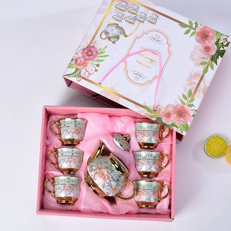 European Style Gold Plated Ceramic Tea Set Coffee Cup Plate Gift Souvenir Porcelain Cup Pot Set Creative Short Sleeve T-Shirt