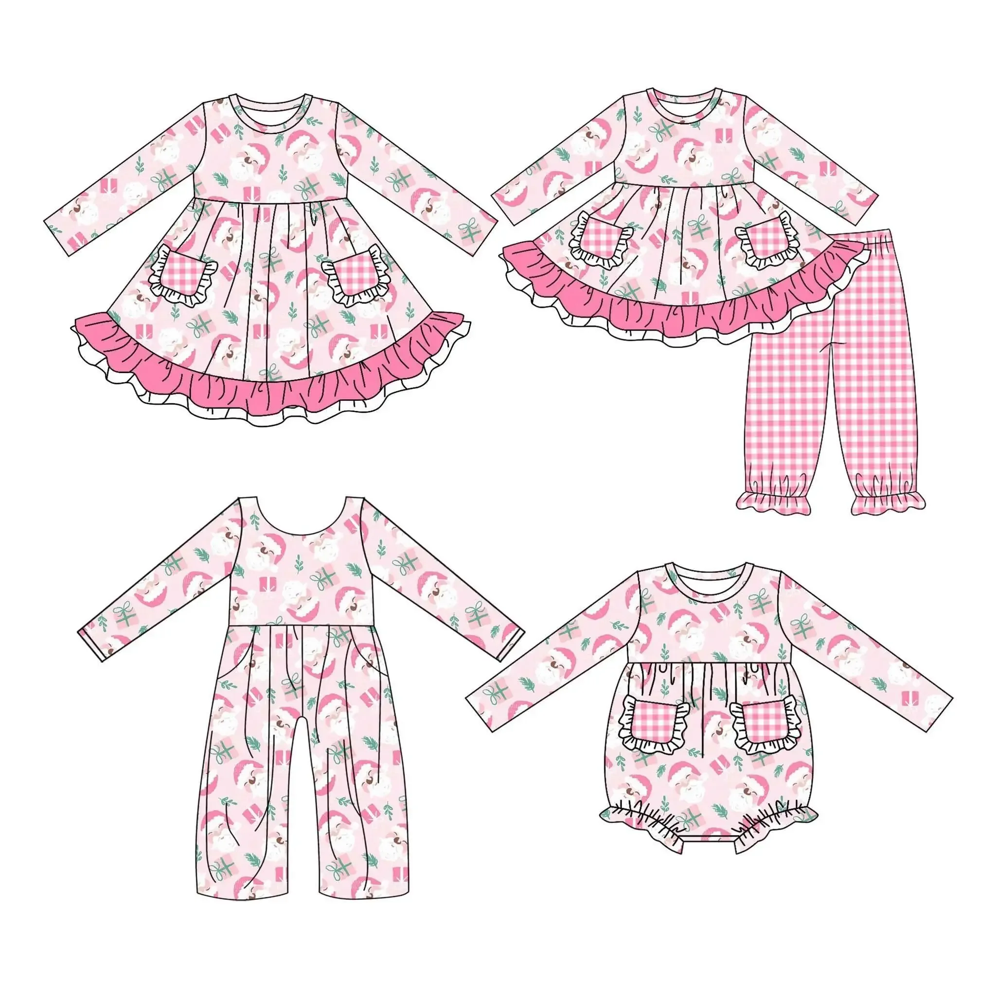 Pink Christmas long-sleeved lace elastic tree cartoon gift box printed trousers plaid elastic girl set baby romper dress