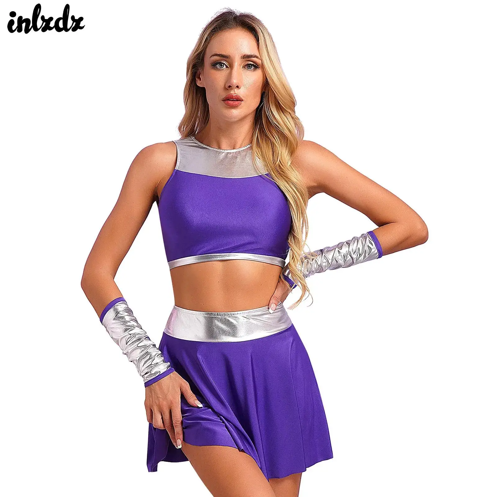 Womens Cheer Leader Uniform Outfits Alien Cosplay Outfits Cheer Dance Carnival Costume Crop Top Gloves And Mini Swing Skirt