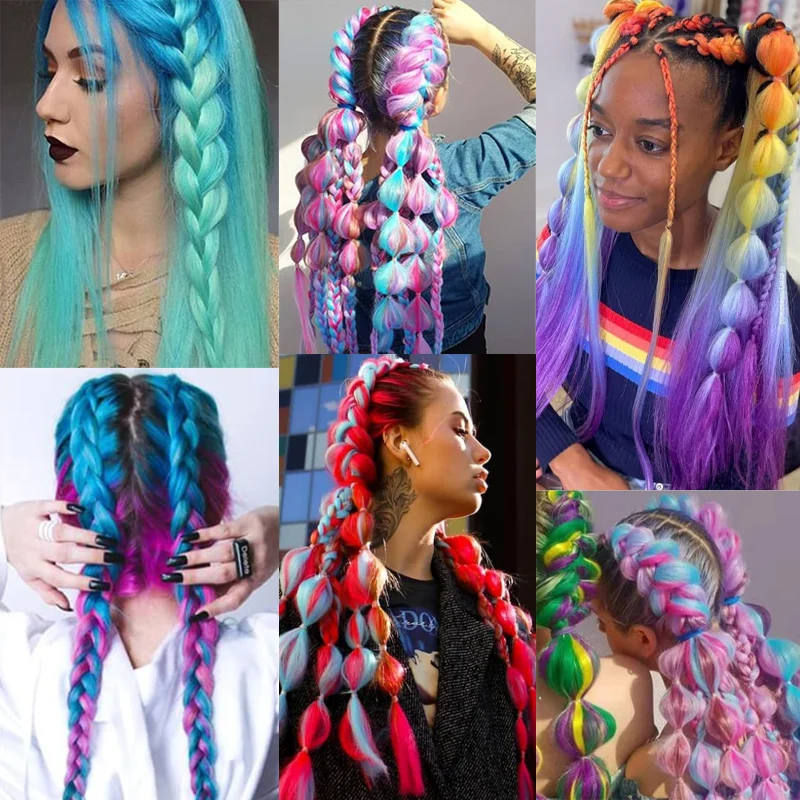 Extensiones de cabello trenzado de arcoíris, trenzas de pelo de ganchillo Jumbo sintético de 24 pulgadas para caja trenzada, extensiones de cabello con trenzas torcidas