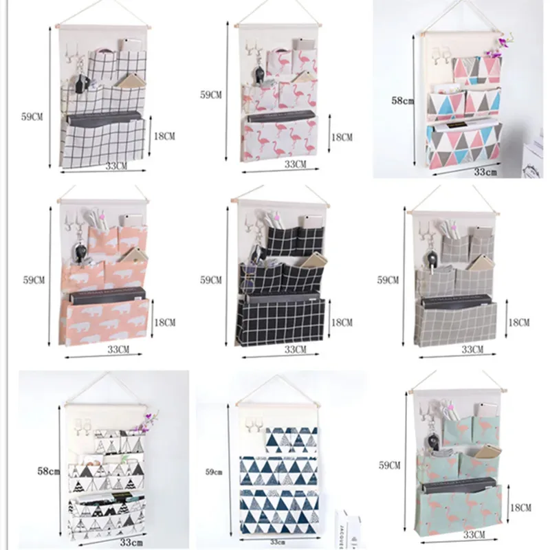 

TOPLIVING 5 Pockets Wall Mounted Bag Waterproof Bedroom Home Storage Hanging Pocket With 2 Hooks Cotton Linen Fabric Sundries Or
