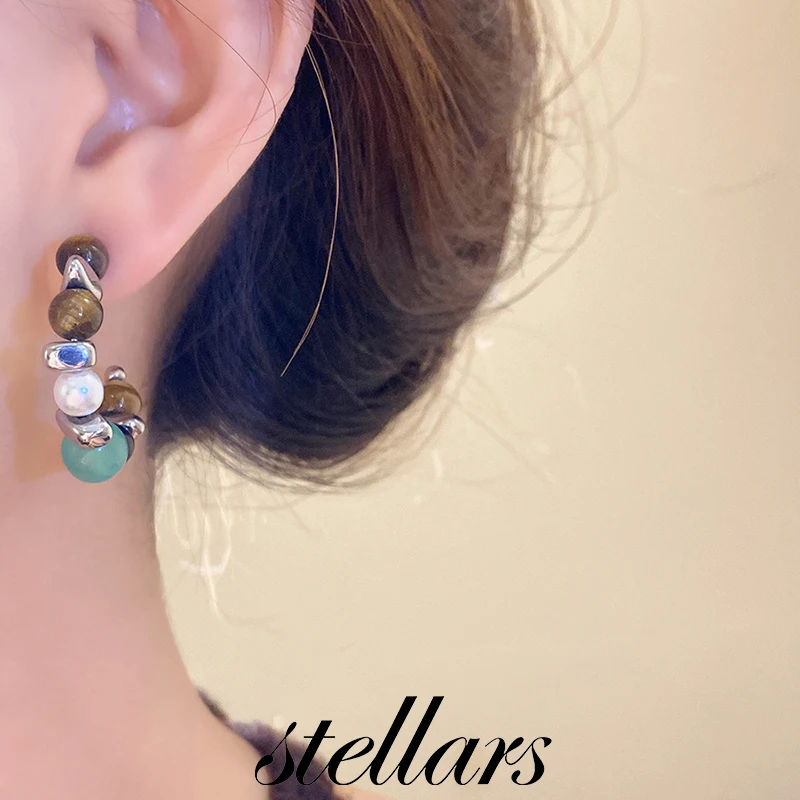 

Silver Needle Tiger's Eye & Cat's Eye Beaded C-Shape Earrings Light Luxury High-End Minimalist Stylish Versatile Women's Jewelry