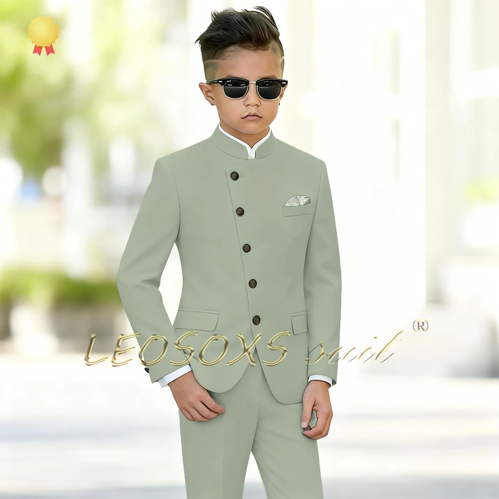 

Boys' Custom 2-Piece Suit – Stand Collar Asymmetric Button Blazer & Matching Trousers for Weddings & Celebrations
