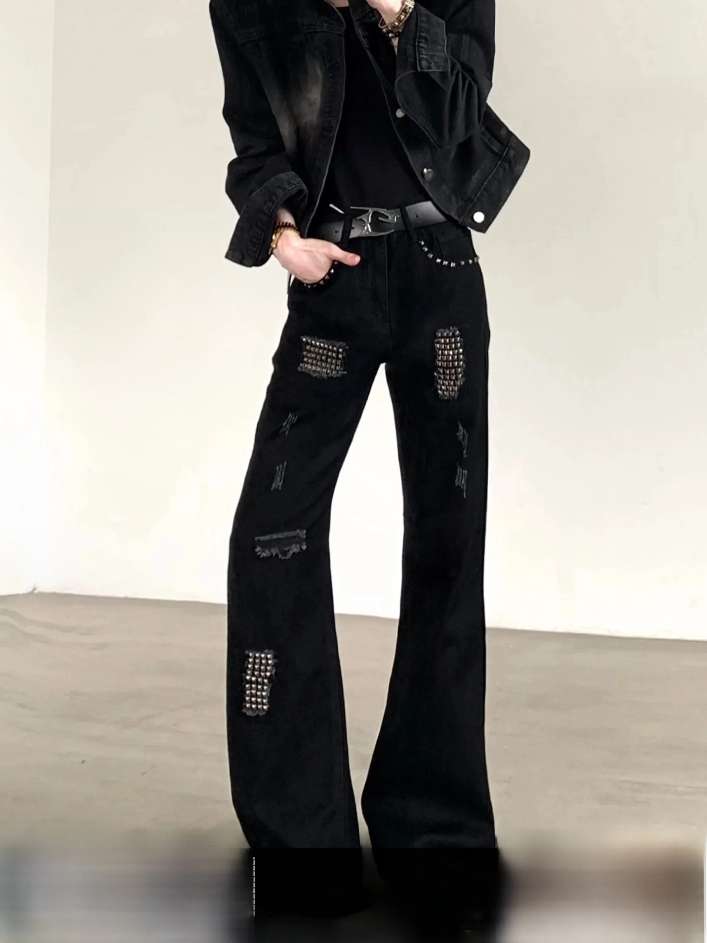 Dark Visual Rivet Denim Jeans Men's American High Street Subculture Destroy Design Flared Pants Asymmetric High Waist Jeans
