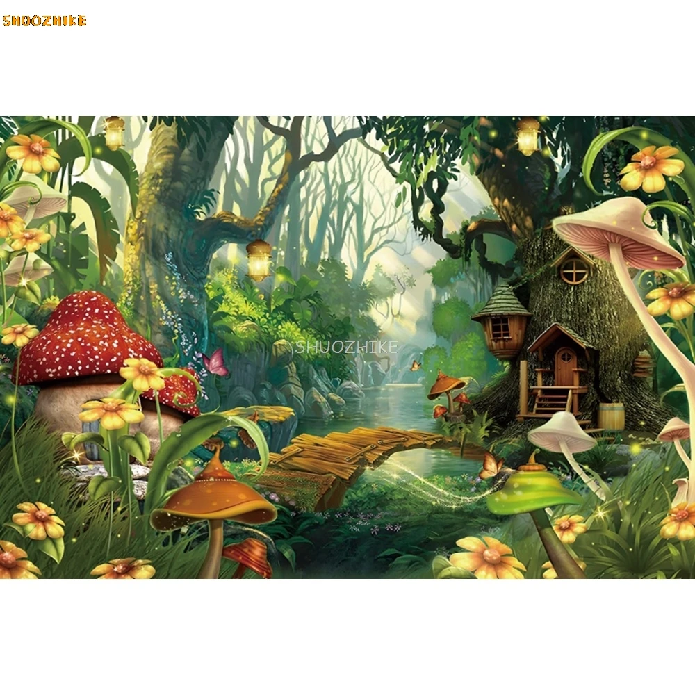 Studio foto latar belakang fotografi pesta ulang tahun bayi rumah peri jamur Wonderland latar belakang hutan alami impian
