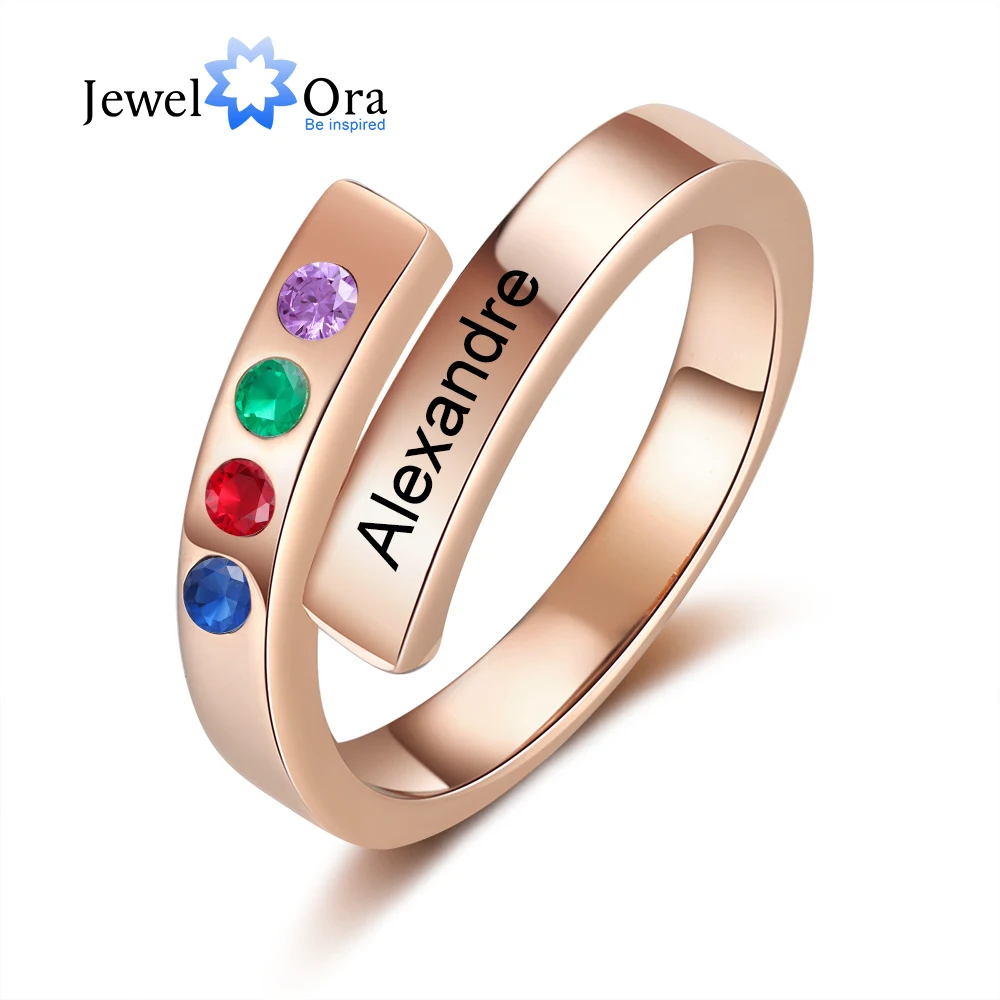 

Valentines Day Gift Custom Name Open Ring with 2-4 Family Birthstones Personalized Engraved Rings for Women Wedding Gift for Her