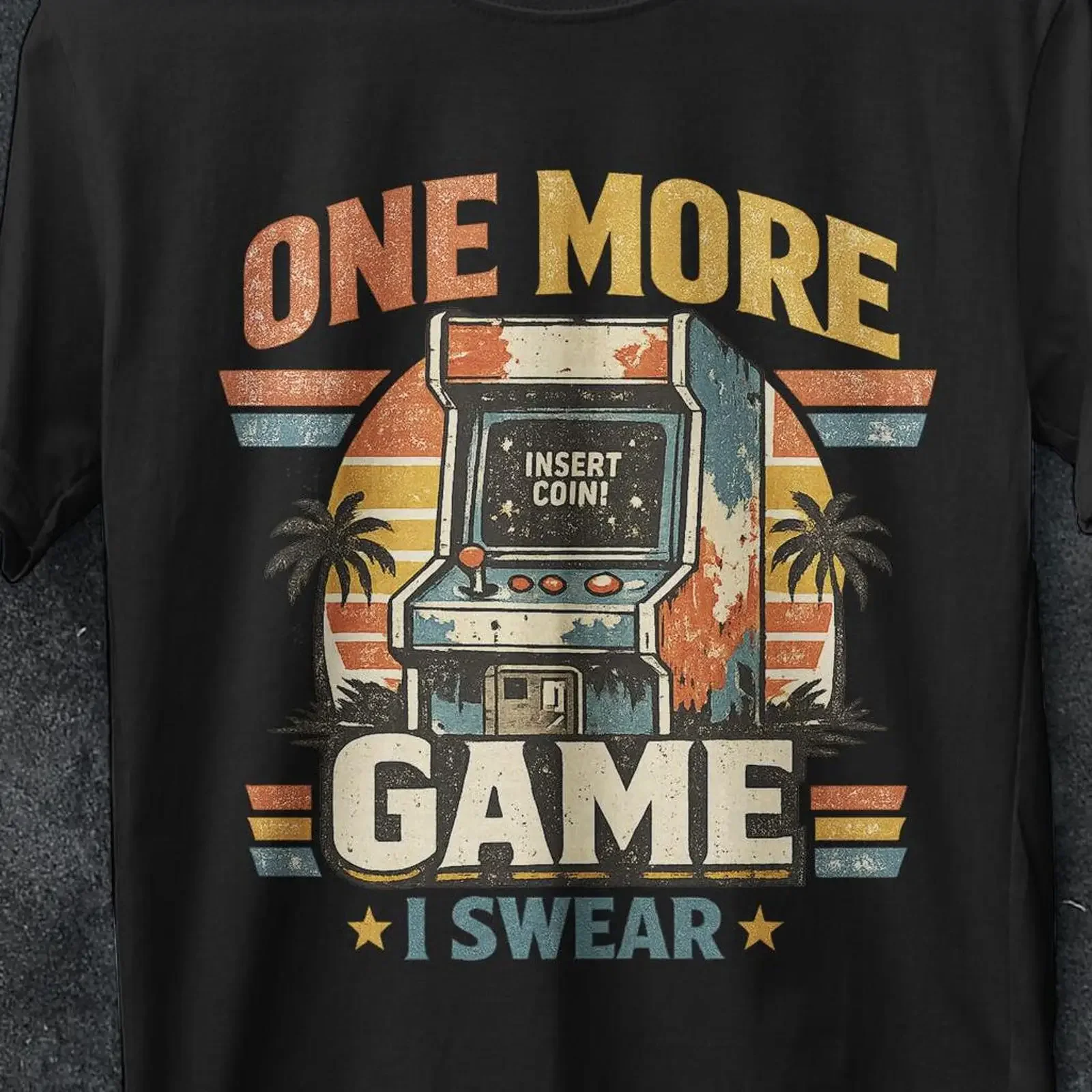 Retro Arcade 'One More Game I Swear' Insert Coin T Shirt Vintage Gaming Gamer Casual  vintage Washed Top For Everyday Wear
