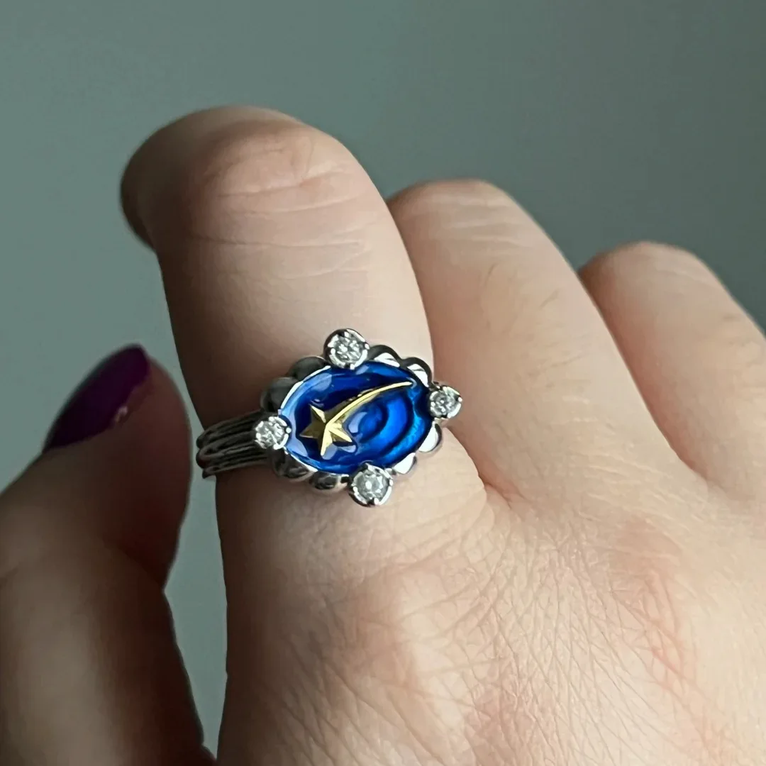 Sparkling Blue Star River Meteor Ring Ins Style Design Star Orbit Universe Light Luxury High Grade Drip Glue Ring Open Ring Gift