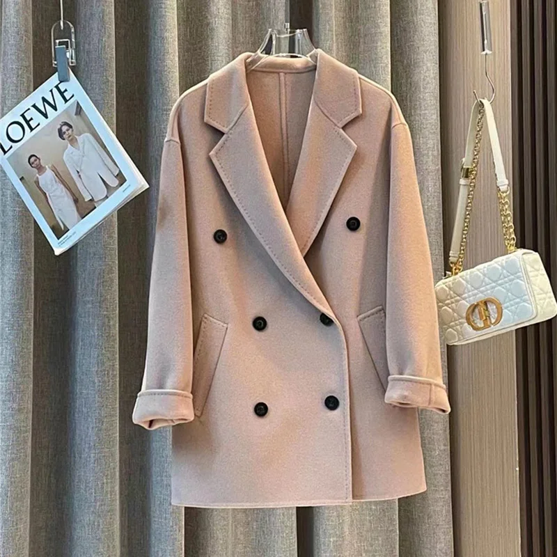 

Vintage Short Double-sided Cashmere Wool Coat Women Loose Lapel 10% Cashmere Double-breasted Woolen Tweed Jacket Autumn Winter