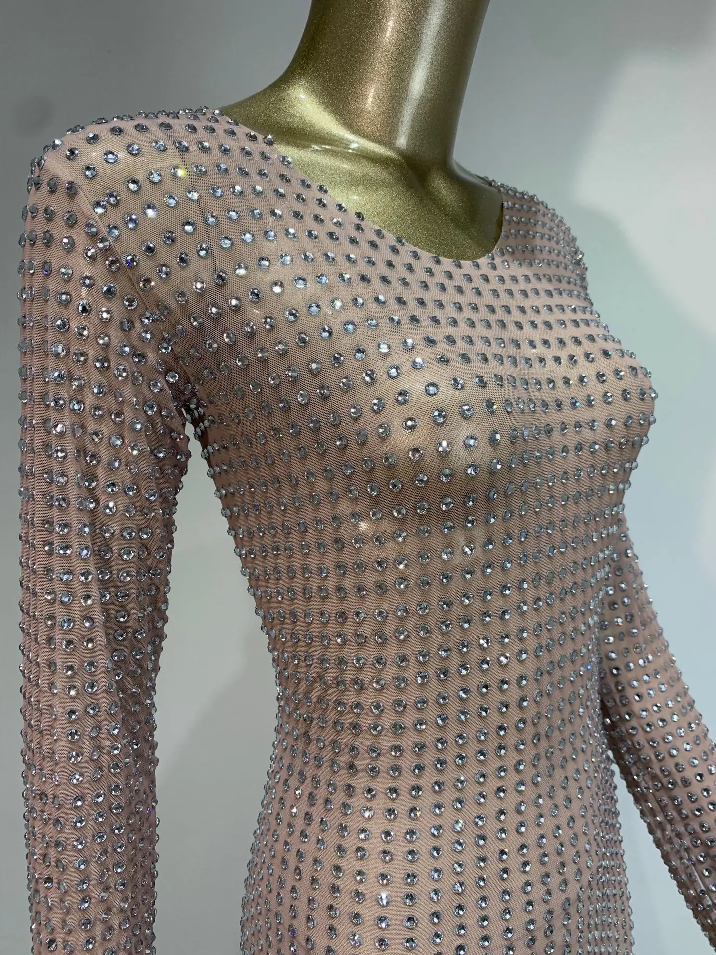 สต็อกตาข่ายเพชรแขนยาวชุดElegant Partyชุดราตรีชุดไนท์คลับเวทีสวมใส่Body Transparente Flecos