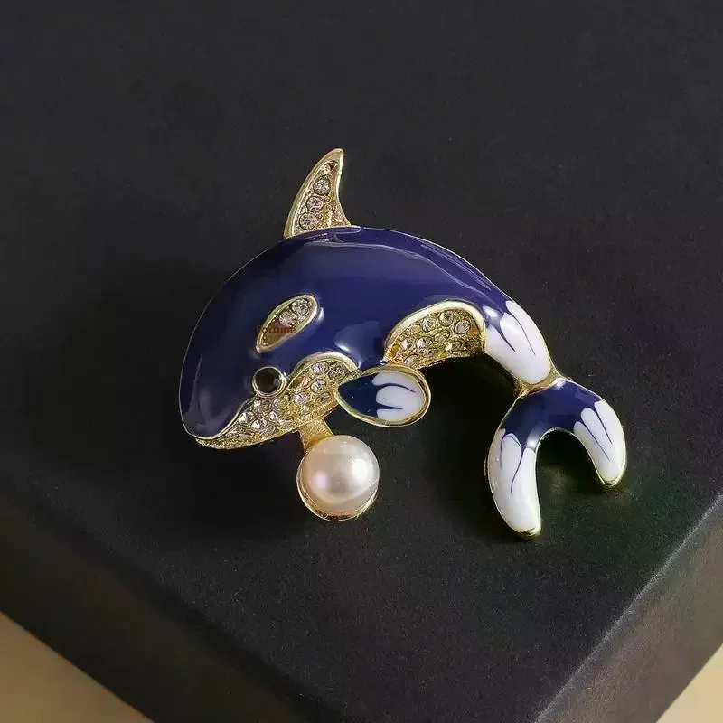 Fashion Drip Oil Pearl Blue Dolphin Brooches Pin For Women Clothing Coat Accessries Gifts