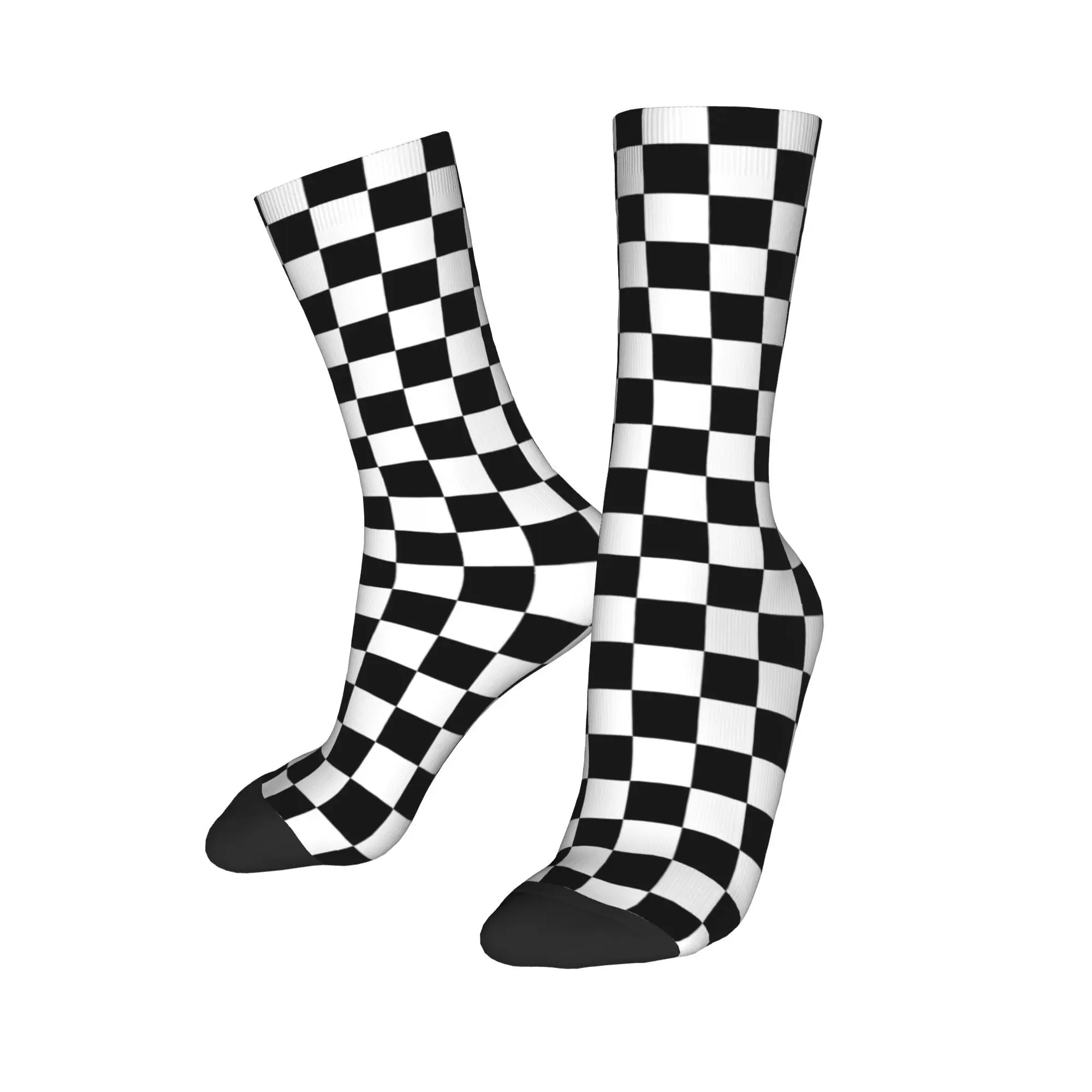 Custom Black And White Checkerboard Pattern Dress Socks Mens Womens Warm Fashion Novelty Geometric Tartan Crew Socks
