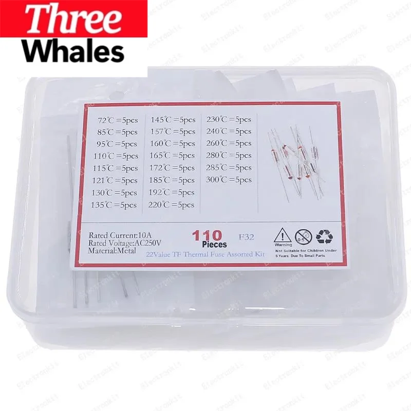 110pcs 22Values Thermal Fuse Assortment kit 10A 250V Thermal Cutoffs 72℃ - 300℃ TF Temperature fuse Set