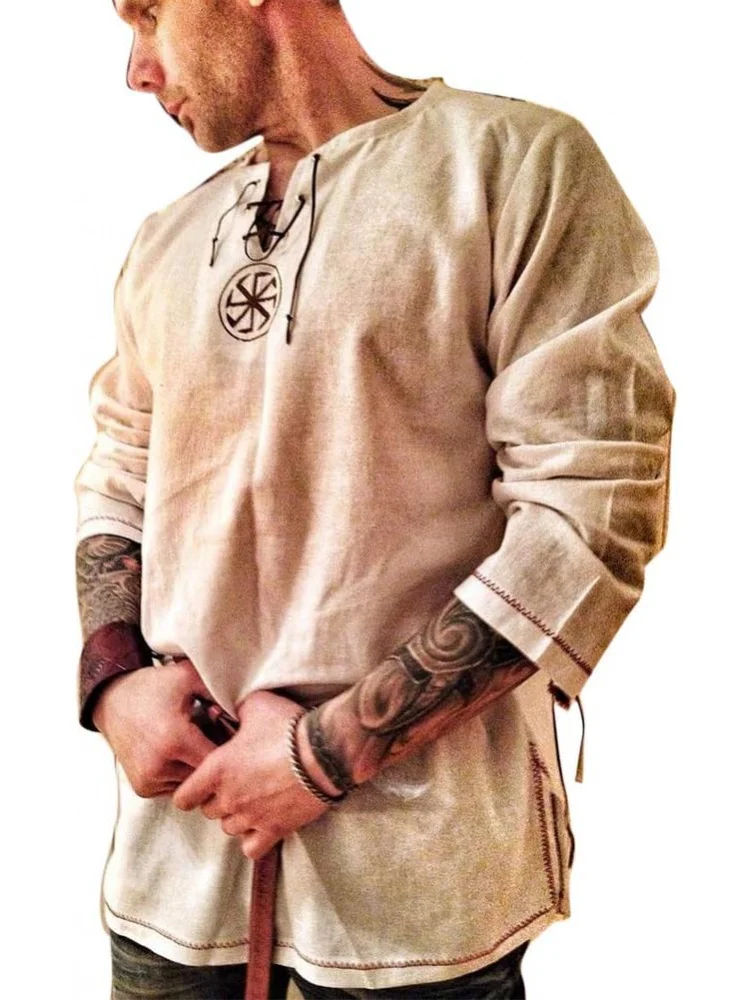 Men's Fashion Cotton Linen Shirt Long Sleeve Solid Color Ethnic Beach Yoga Top, Medieval Victorian Style With Breastplate