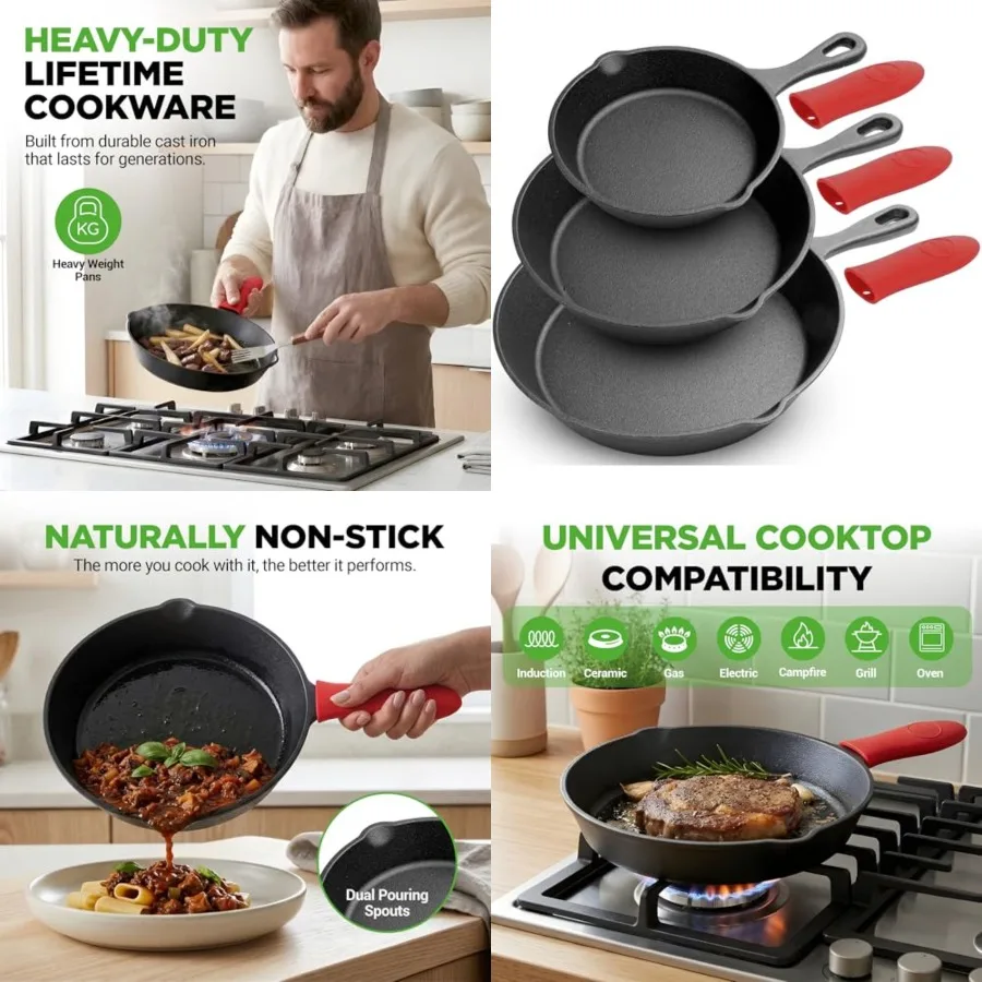 

3pc Cast Iron Skillets - Pre-Seasoned Cast Iron Cookware with Drip Spout, Silicone Handles, For All Cooktops