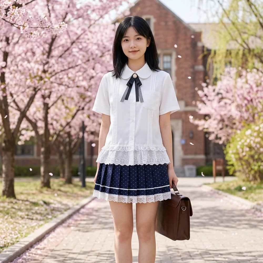 College JK Uniform Two Piece Set, Lace Edge Shirt Polka Dot Pleated Skirt, School Uniform for Graduation Photo Daily Wear