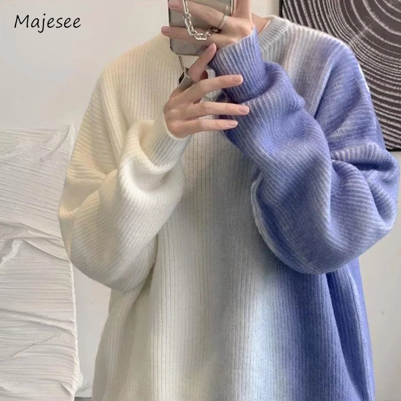 Gradient Color Sweaters Men Winter Baggy Warm Blocking Round Neck Knitwear Comfortable Japanese Style Vitality Chic Teens 2023