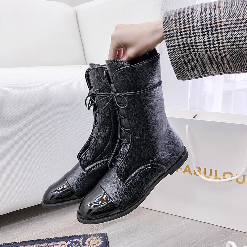 Fashion Women\'s Pointed Toe Boots Women\'s Heel Low Heel Calfskin Shoes Lace Up Casual Short Winter Women\'s Warm Boots