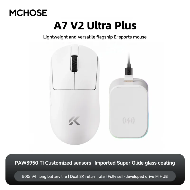 MCHOSE A7 V2 Ultra Gaming Muis PAW3950 TI Sensor Dual 8000Hz 20000fps 42000DPI 750IPS Geïmporteerde Super Glide Glas Coating CSGO