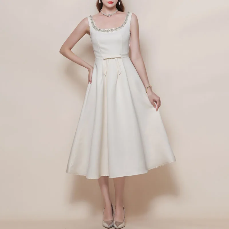 ชุดเดรสสำหรับผู้หญิง ใหม่ สง่างาม แขนกุด คอทรงโอ ชุดเดรสผู้หญิงทรงเข้ารูป ประดับลูกปัด โบว์ ทรงเอไลน์ ชุดเดรสผู้หญิง ชุดเดรสฤดูร้อนสำหรับผู้หญิง Q1929